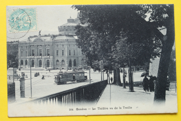 Ansichtskarte AK Genf / Theater / 1906 / Vu de la Treille – Straßenbahn – Gebäude
